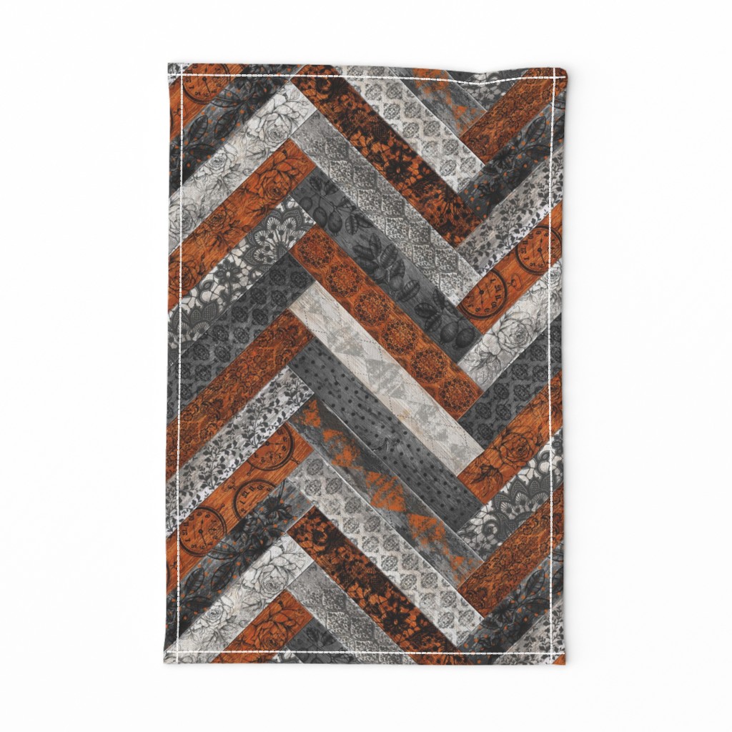 Vintage Wood Chevron Tiles Herringbone  Burnt Orange Grey 