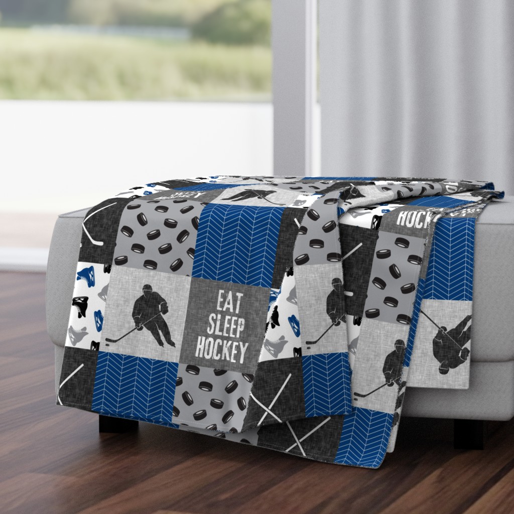 Eat Sleep Hockey - Ice Hockey Patchwork - Hockey Nursery - Wholecloth blue and grey - LAD19