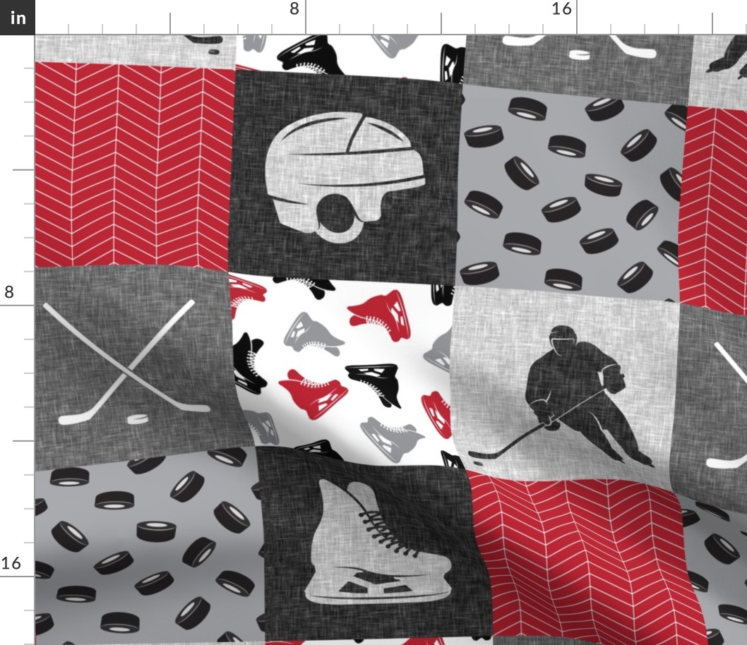 Ice Hockey Patchwork - Hockey Nursery - Wholecloth red, black, and grey - LAD19