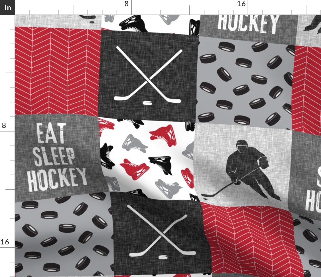 Eat Sleep Hockey - Ice Hockey Patchwork - Hockey Nursery - Wholecloth red, black, and grey - LAD19