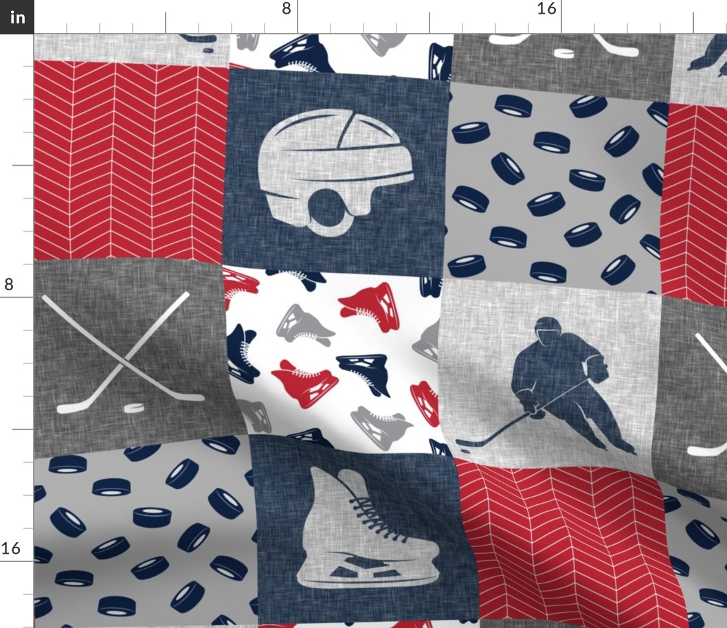 Ice Hockey Patchwork - Hockey Nursery - Wholecloth red, navy, and grey - LAD19