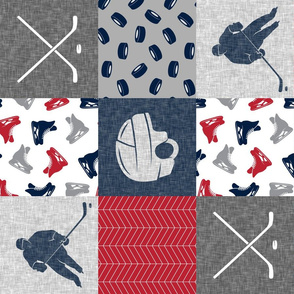 Ice Hockey Patchwork - Hockey Nursery - Wholecloth red, navy, and grey - LAD19 (90)