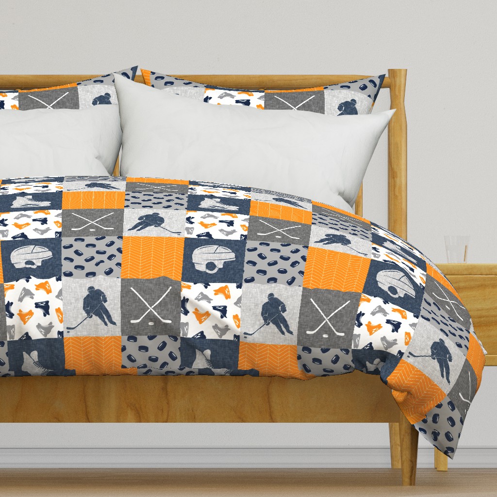 Ice Hockey Patchwork - Hockey Nursery - Wholecloth orange navy and grey - LAD19