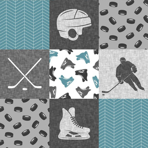 Ice Hockey Patchwork - Hockey Nursery - Wholecloth stone blue and grey - LAD19 
