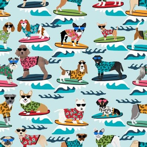 surfing dogs fabric - hang ten summer surf fabric, surfs up fabric, cute dogs fabric, dog fabric -  light blue