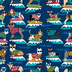 surfing dogs fabric - hang ten summer surf fabric, surfs up fabric, cute dogs fabric, dog fabric - navy