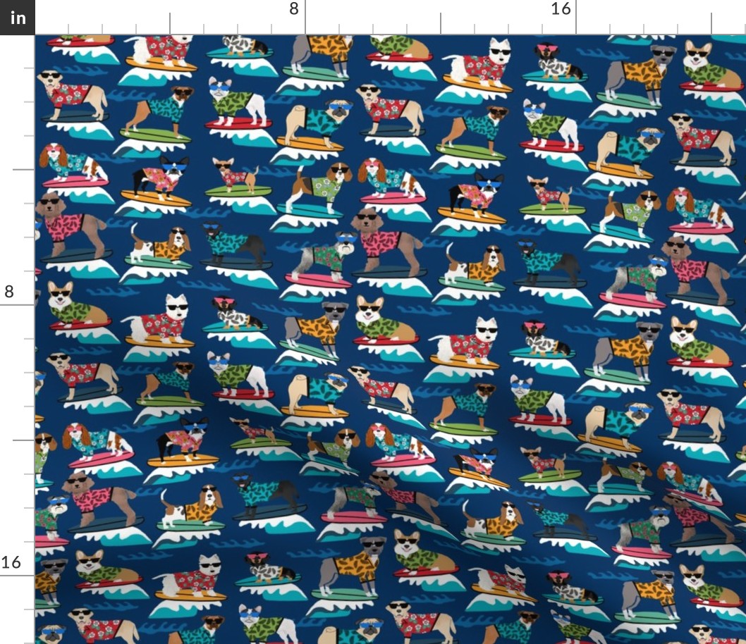 surfing dogs fabric - hang ten summer surf fabric, surfs up fabric, cute dogs fabric, dog fabric - navy