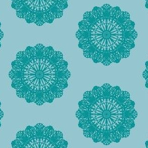 Dresden Doilies of Teal on Alpine Blue - Small Scale 