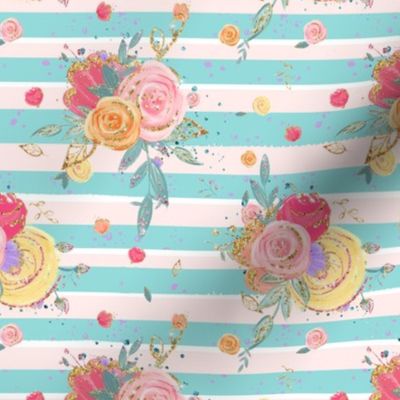 Roses Spring Floral Aqua Stripe