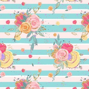 Roses Spring Floral Aqua Stripe