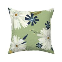 Modern Daisy Floral on Sage - Large Scale 
