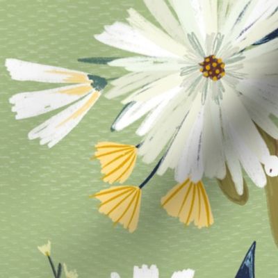 Modern Daisy Floral on Sage - Large Scale 