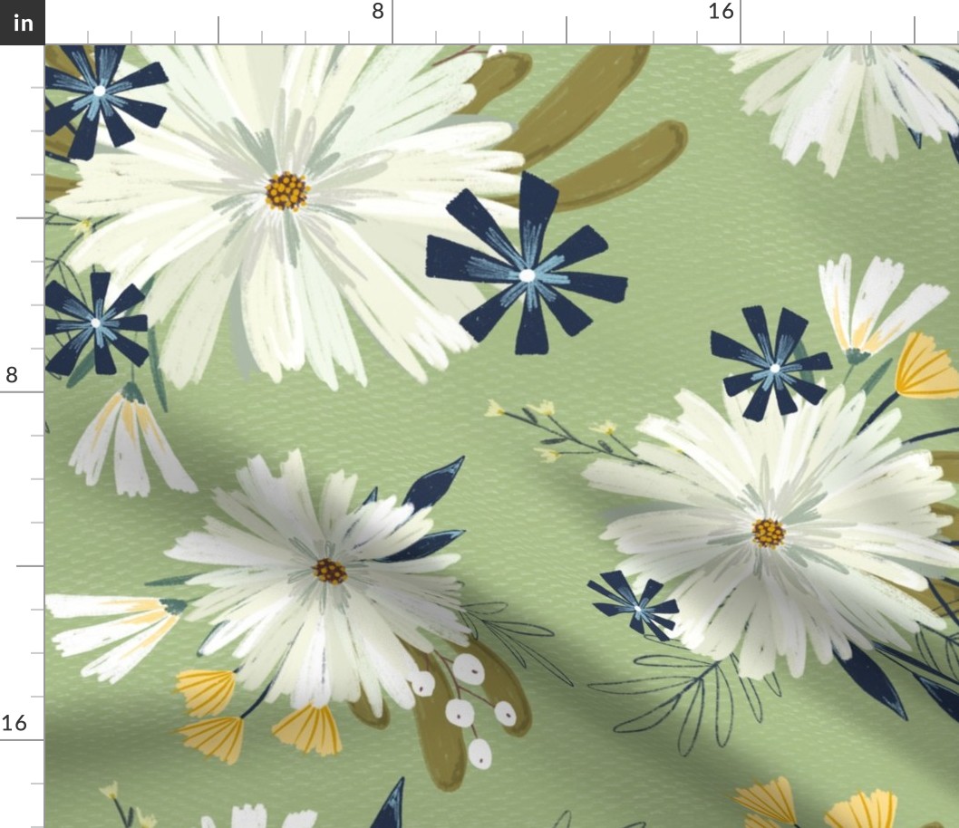 Modern Daisy Floral on Sage - Large Scale 