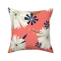 Modern Daisy Floral on Coral Pink - Large Scale 