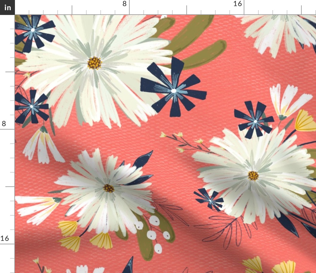 Modern Daisy Floral on Coral Pink - Large Scale 