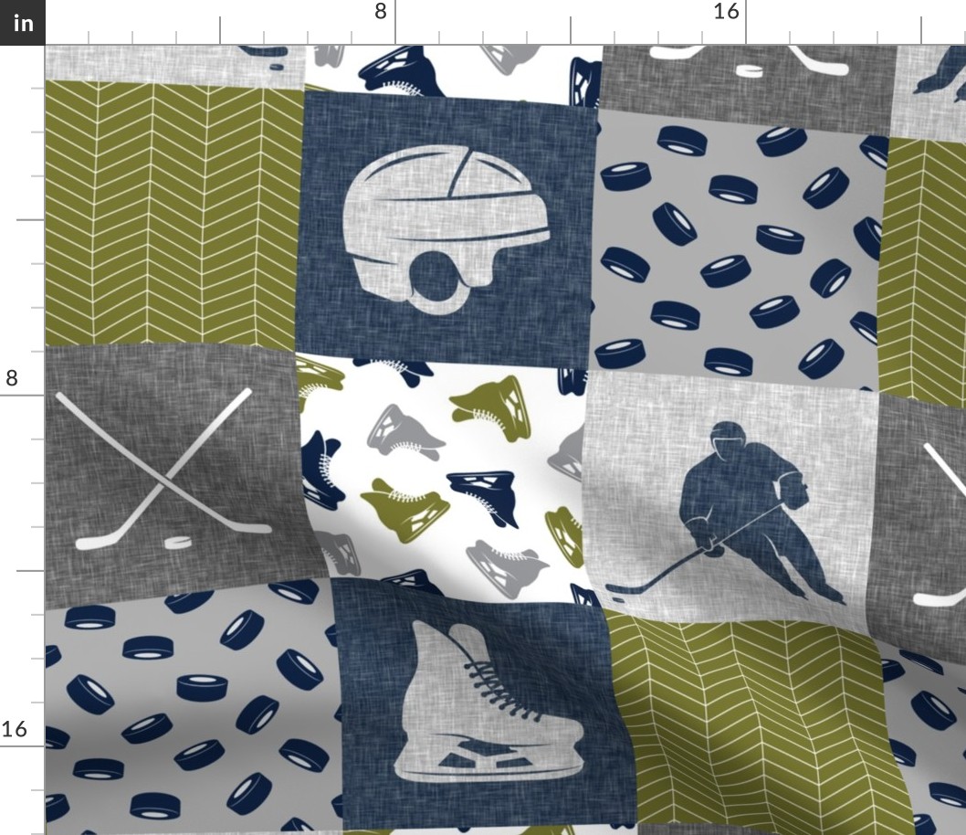 Ice Hockey Patchwork - Hockey Nursery - Wholecloth grey and green - LAD19 (90)