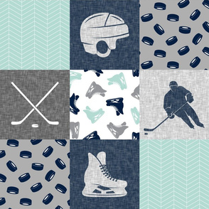  Ice Hockey Patchwork - Hockey Nursery - Wholecloth dark mint and navy - LAD19 