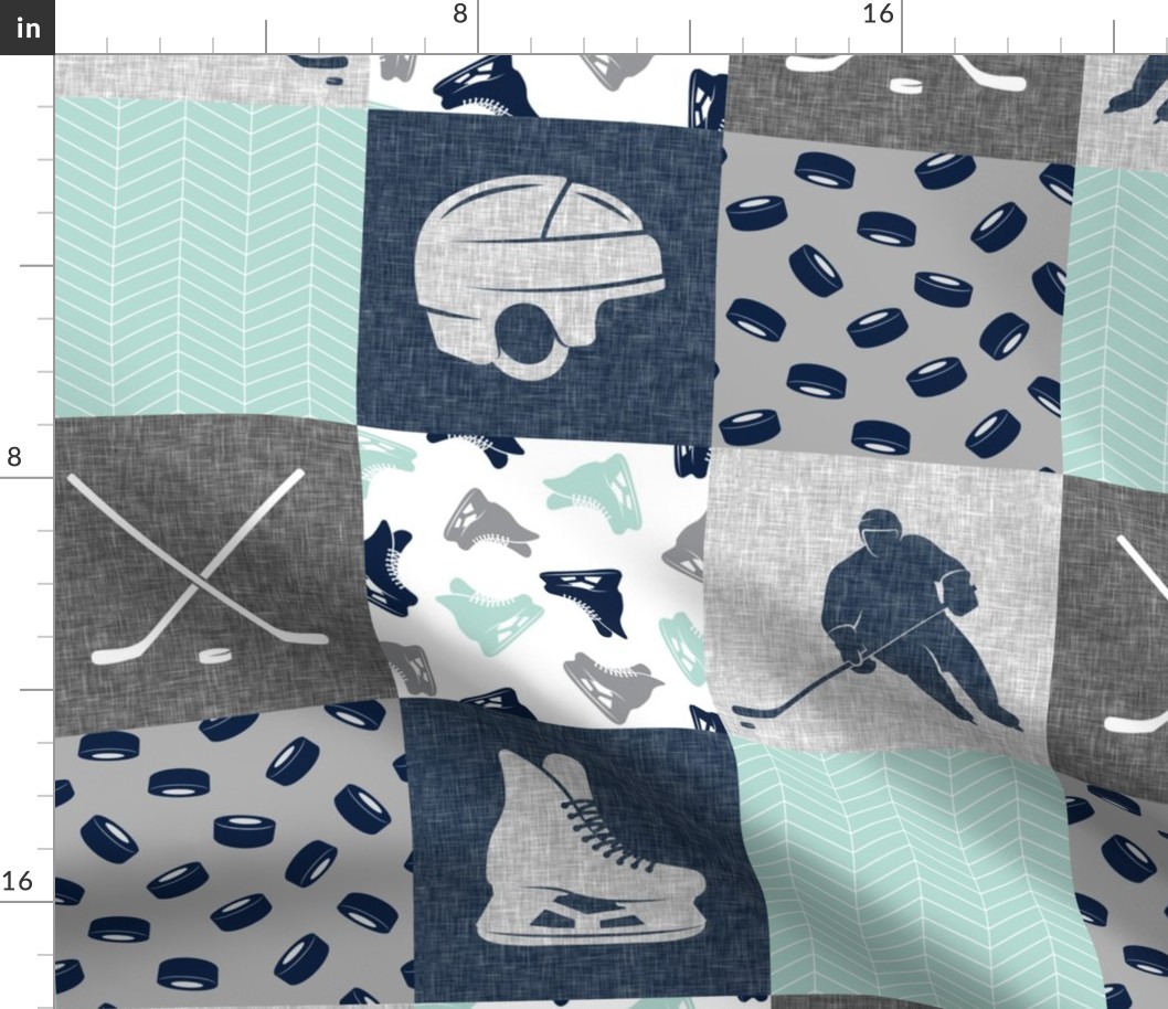  Ice Hockey Patchwork - Hockey Nursery - Wholecloth dark mint and navy - LAD19 