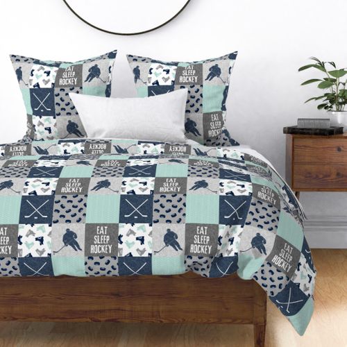 Eat Sleep Hockey - Ice Hockey Patchwork - Hockey Nursery - Wholecloth dark mint and navy - LAD19