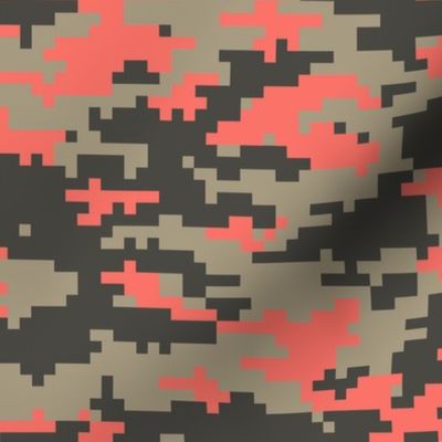 Pixel Camo in Living Coral, Camo Green and Twill