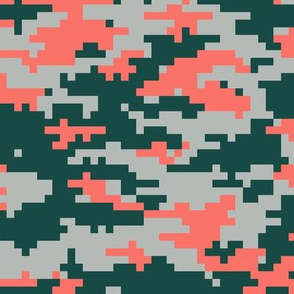 Pixel Camo in Living Coral, dark green, pale green