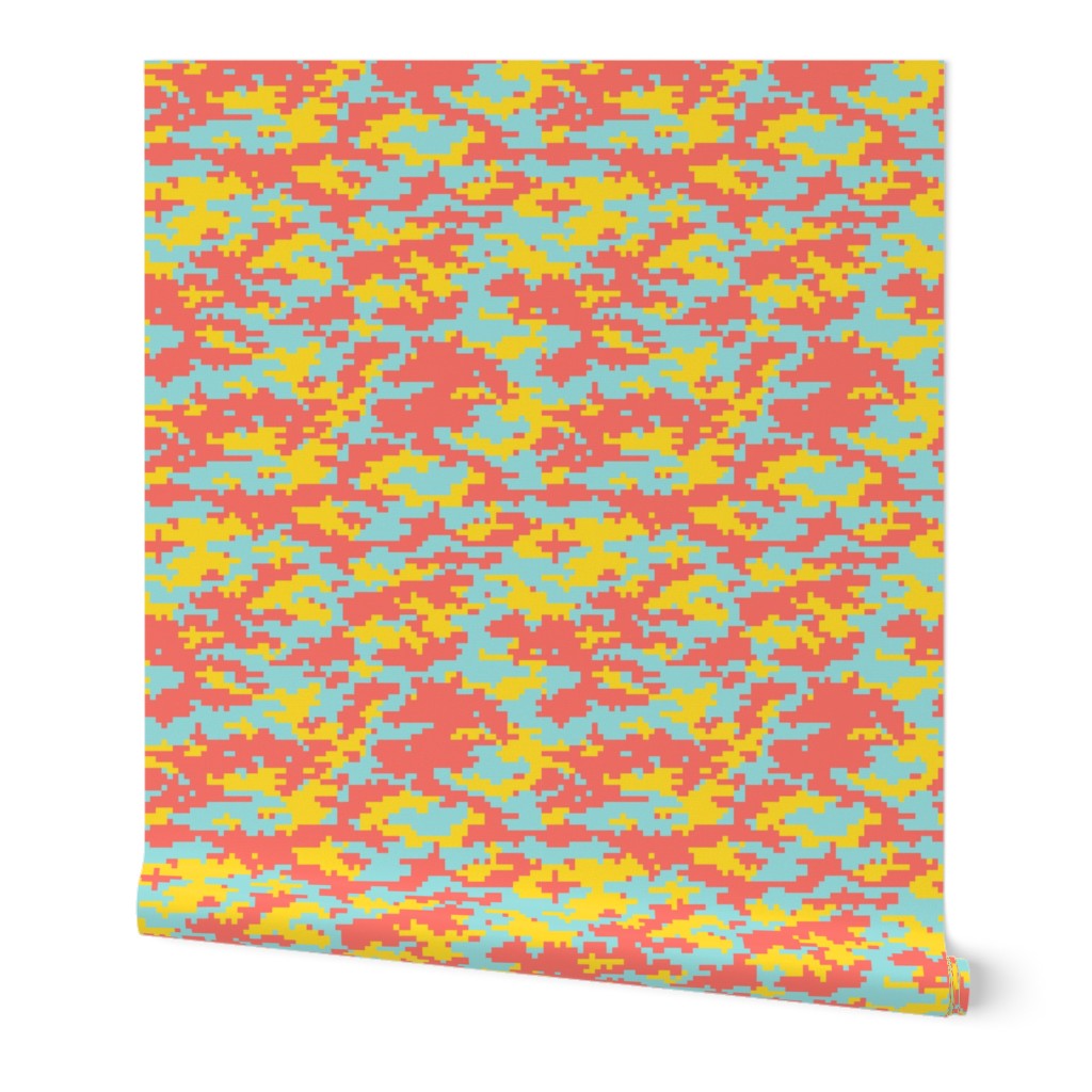 Pixel Camo in Living Coral, Yellow & Blue