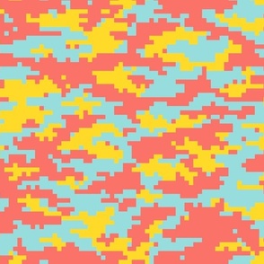 Pixel Camo in Living Coral, Yellow & Blue
