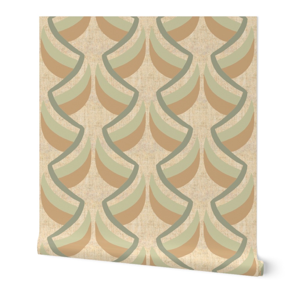 Art Deco Stylized Green and Brown Leaves on Green Vine on Beige Linen Look