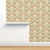 Art Deco Stylized Green and Brown Leaves on Green Vine on Beige Linen Look