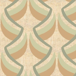 Art Deco Stylized Green and Brown Leaves on Green Vine on Beige Linen Look