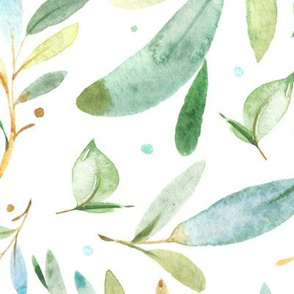 Watercolor Leaves & Branches in Greens and Blues, SCALE A