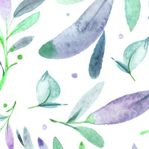 Watercolor Leaves & Branches in Greens, Teals, Purples and Blues, SCALE A