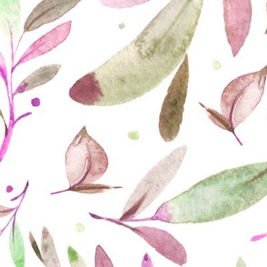 Watercolor Leaves & Branches in Greens, Pinks and Purples, SCALE A