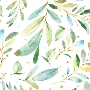 Watercolor Leaves & Branches in Greens and Blues, SCALE B