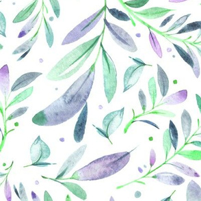 Watercolor Leaves & Branches in Greens, Teals, Purples and Blues, SCALE B