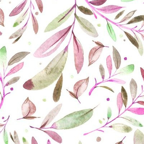 Watercolor Leaves & Branches in Greens, Purples and Pinks, SCALE B