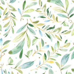 Watercolor Leaves & Branches in Greens and Blues, SCALE C