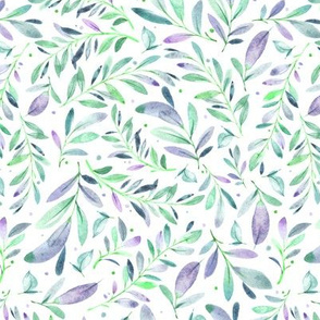 Watercolor Leaves & Branches in Greens, Teals, Purples and Blue, SCALE D