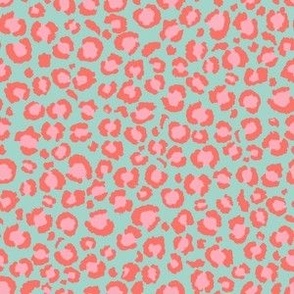 Coral Leopard Spots Print with soft Blue Background