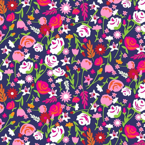 Floral Whimsy Pattern on Dark Blue