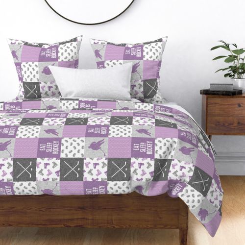 Eat Sleep Hockey - Ice Hockey Patchwork - Hockey Nursery - Wholecloth purple - LAD19 (90)