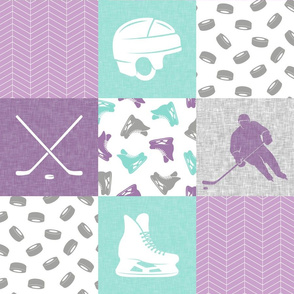 Ice Hockey Patchwork - Hockey Nursery - Wholecloth  purple and teal - LAD19 