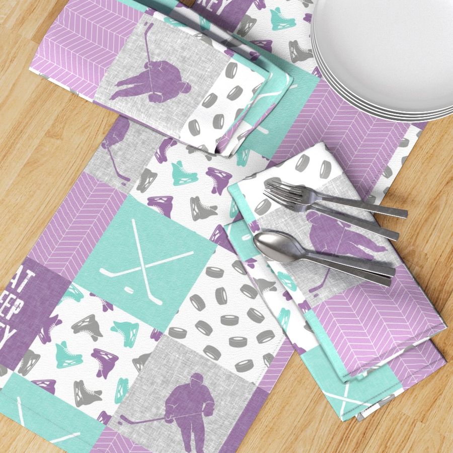 Eat Sleep Hockey - Ice Hockey Patchwork - Hockey Nursery - Wholecloth purple and teal - LAD19