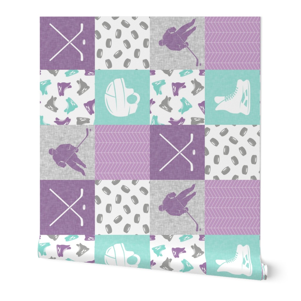 Ice Hockey Patchwork - Hockey Nursery - Wholecloth  purple and teal - LAD19 (90)