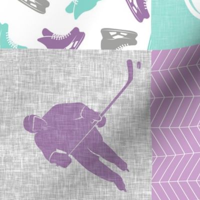 Ice Hockey Patchwork - Hockey Nursery - Wholecloth  purple and teal - LAD19 (90)