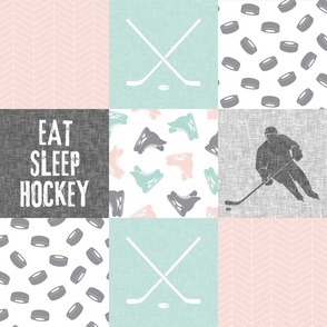 Eat Sleep Hockey - Ice Hockey Patchwork - Hockey Nursery - Wholecloth pink - LAD19 