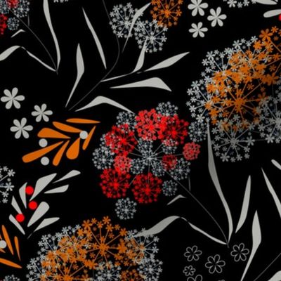floral retro  botanical, red and  yellow flowers