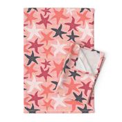 Sea Stars on Scallop Background - Multi Coral and Raspberry and Grey with Yellow Highlights