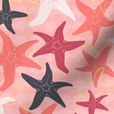 Sea Stars on Scallop Background - Multi Coral and Raspberry and Grey with Yellow Highlights