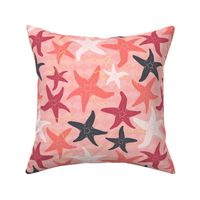 Sea Stars on Scallop Background - Multi Coral and Raspberry and Grey with Yellow Highlights